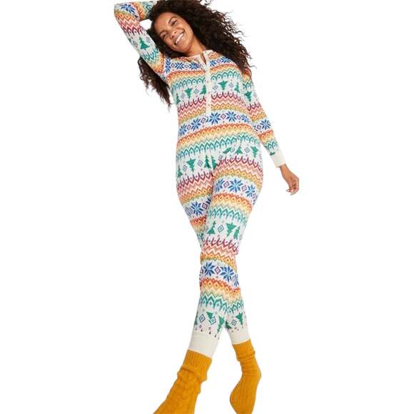 Old Navy Pants - Old Navy Thermal Knit One-Piece Pajamas Waffle Festival Fair Isle Rainbow M